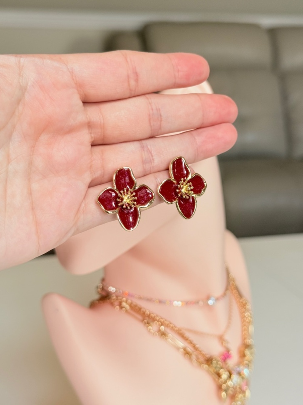 Gold-Tone Purple Flower Stud Earrings - Picture 13 of 13